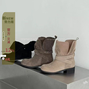 磨砂擦色复古皮带扣两穿挽边短靴 女鞋 韩国东大门爆款 ins25秋新款