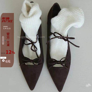 现韩国东大门女鞋24新款ins复古简约细带蝴蝶结绒面平底单鞋飘鞋