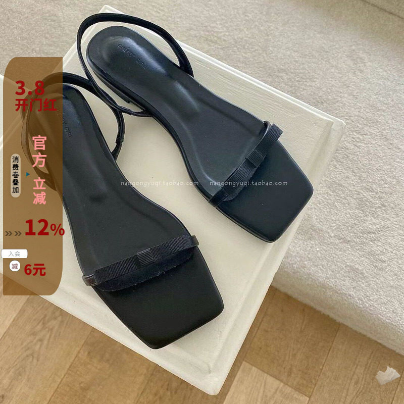 韩国东大门2025夏ins法式高级感绸缎蝴蝶结细带露趾一字平底凉鞋