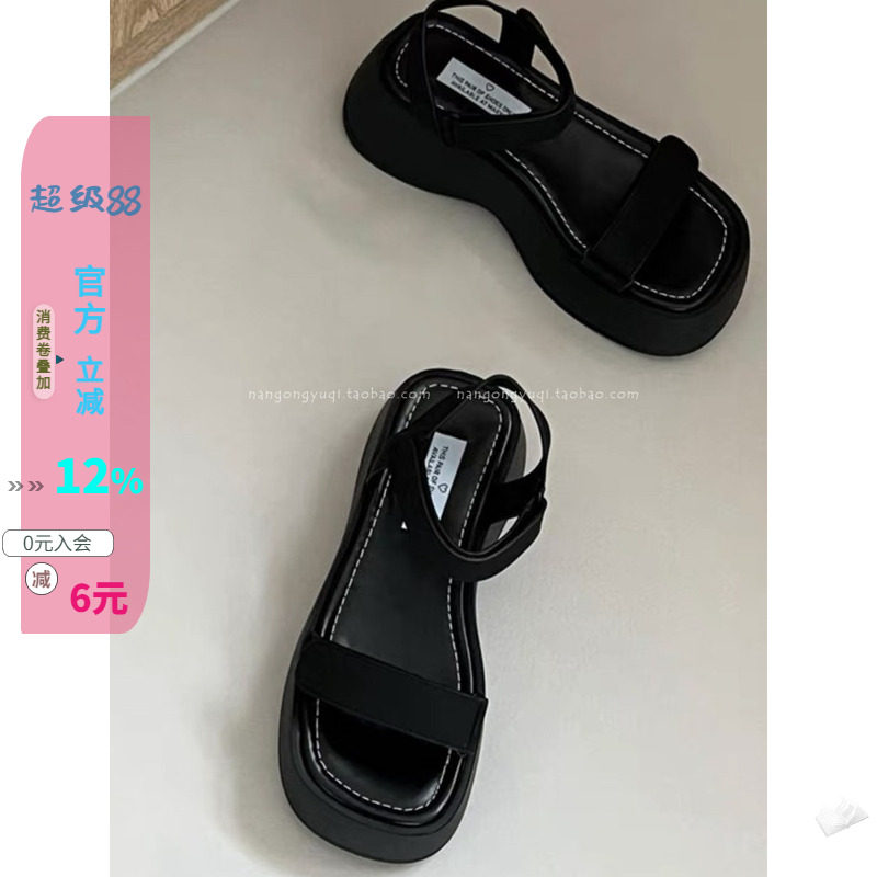 厚底学院风魔术贴一字带凉鞋女