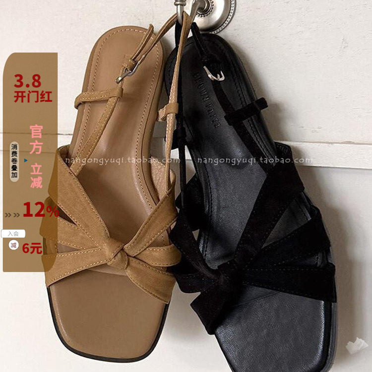 韩国东大门女鞋2025夏新款ins法式休闲复古编织镂空鱼嘴低跟凉鞋