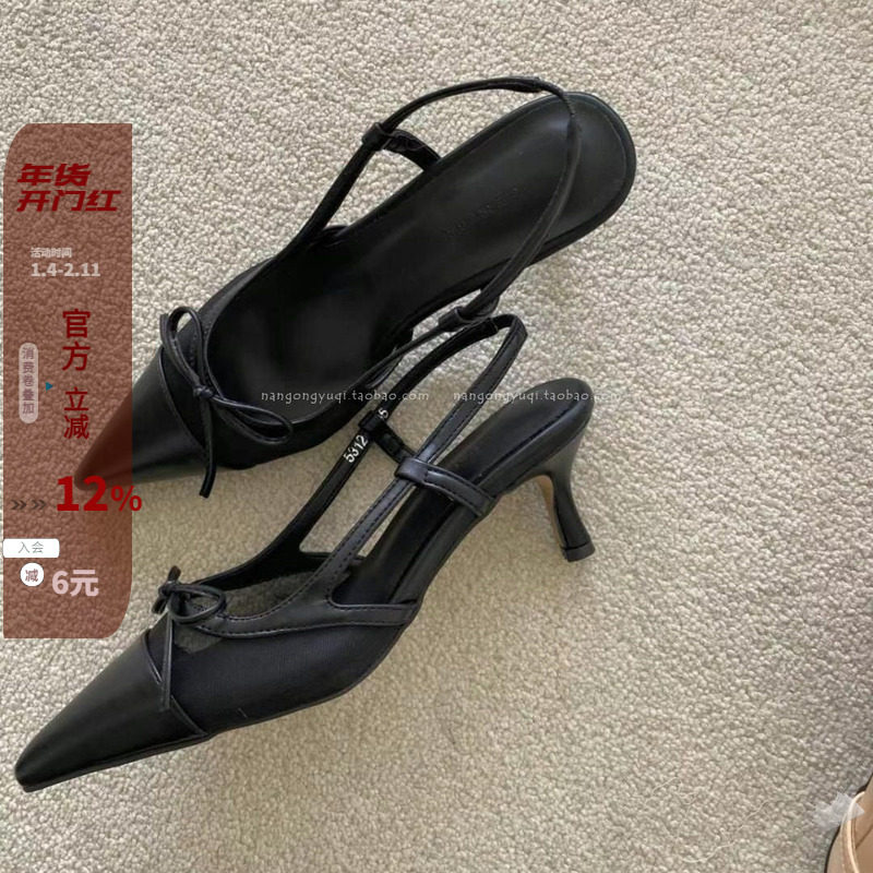 韩国东大门女鞋25夏新款ins法式简约尖头蝴蝶结网纱后绊带猫跟凉,女鞋,时装凉鞋,淘宝优惠券,粉丝福利购,淘宝优惠卷