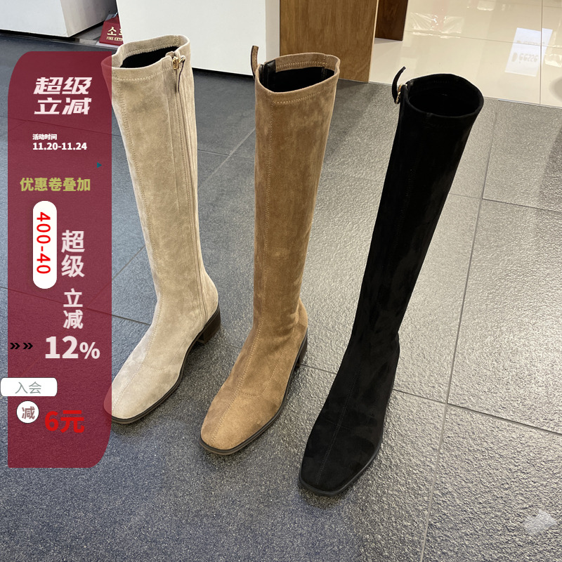 韩国东大门女鞋22秋新款inc方头侧拉链低跟绒面瘦瘦高筒靴时装靴