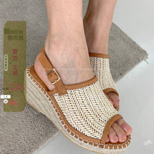 韩国东大门女鞋2025夏ins森系波西米亚藤草编织草编坡跟鱼嘴凉鞋