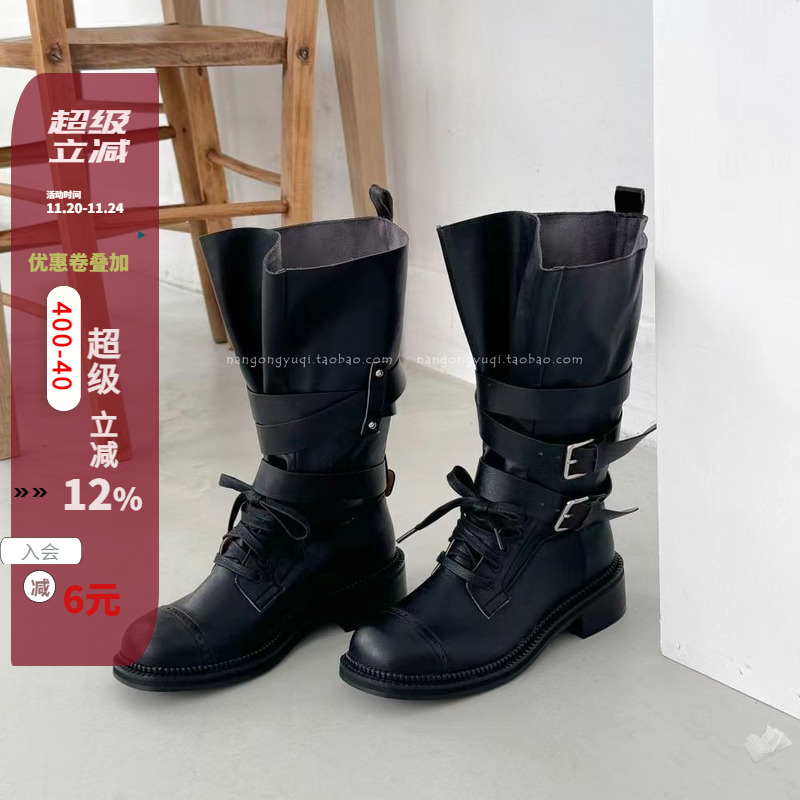学院风绑带皮带扣可调节中筒靴