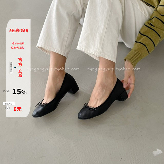 圆头蝴蝶结低帮方跟玛丽珍单鞋