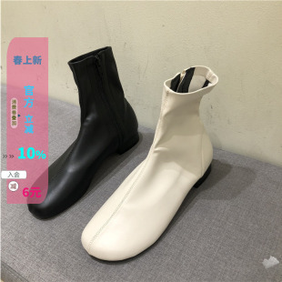 chic简约圆头低跟奶白软皮弹力时装 短靴 24秋新品 现韩国东大门女鞋
