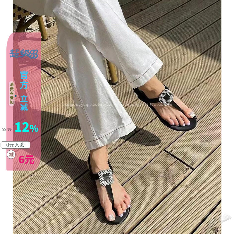 简约绸缎蝴蝶结烫钻夹趾平底凉鞋