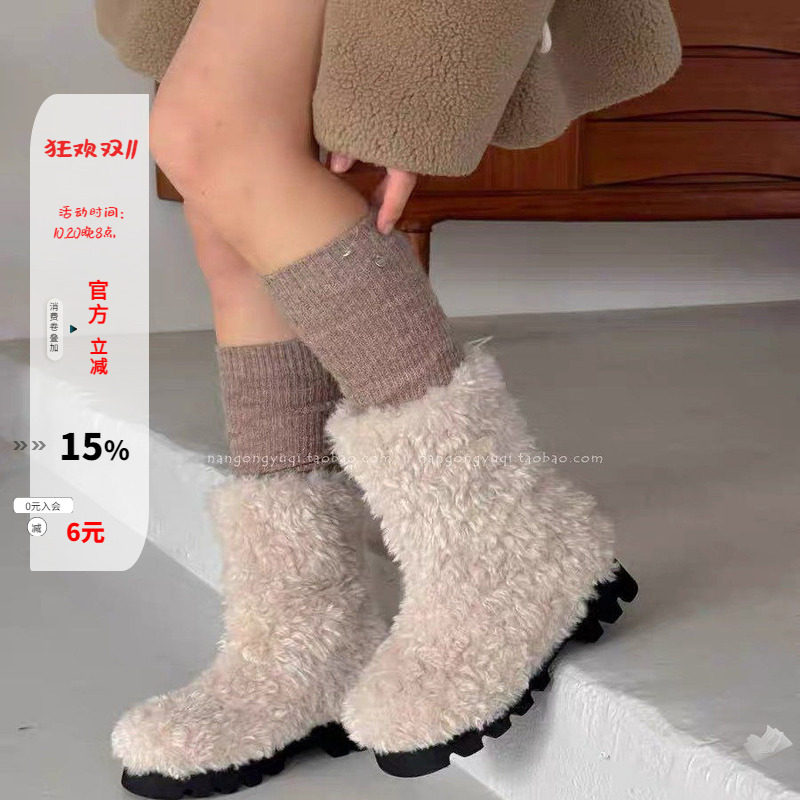 防滑加绒卷毛毛抽绳雪地靴