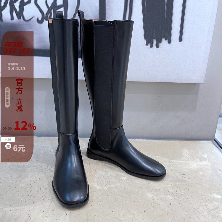 现韩国女鞋21ins简约休闲松紧套筒低跟方头黑靴长靴骑士靴高筒靴,女鞋,骑士靴,淘宝优惠券,粉丝福利购,淘宝优惠卷