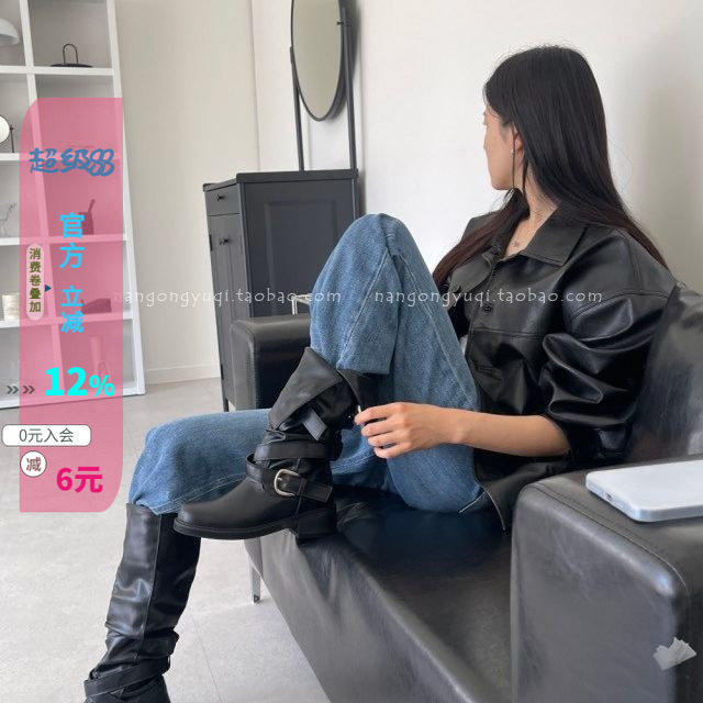 皮带扣软面宽松高筒靴