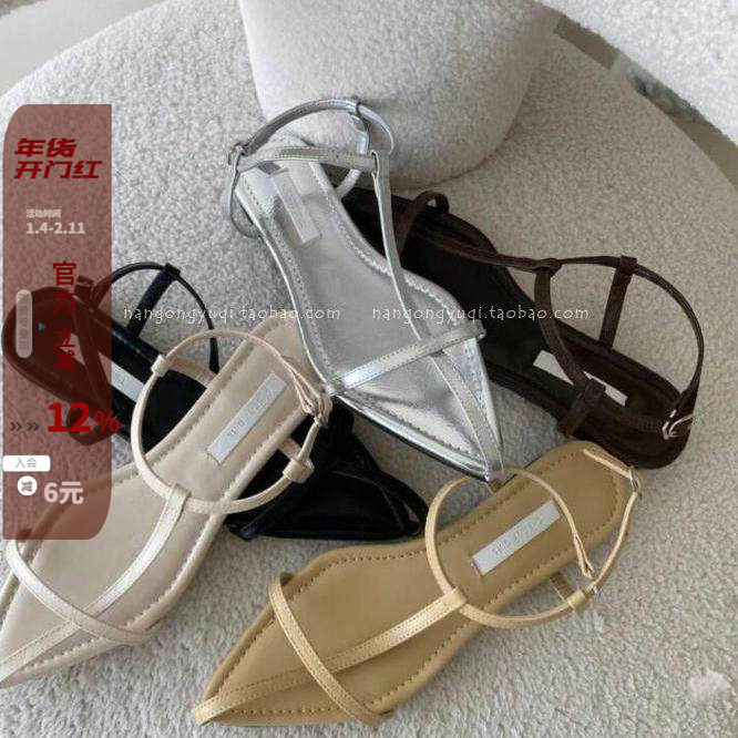 现 韩国东大门女鞋2025夏新款ins法式高级简约十字尖头银色平底凉,女鞋,时装凉鞋,淘宝优惠券,粉丝福利购,淘宝优惠卷