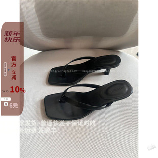 现韩国东大门女鞋2024夏新款ins法式方头夹趾细带猫跟纯色人字拖