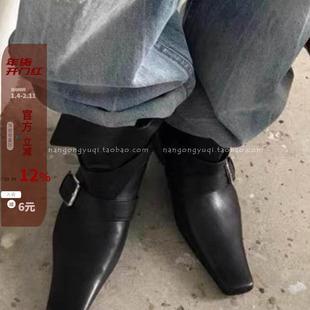 现 韩国东大门代购2024秋新款ins法式复古方头皮带扣方跟慵懒短靴