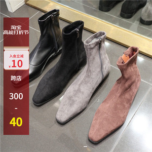 现韩国女鞋琪琪的店东大门22秋韩版时尚方头拼接中线平底弹力短靴