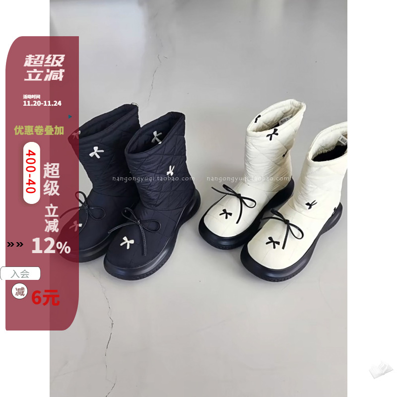 刺绣蝴蝶结防水厚底保暖雪地靴