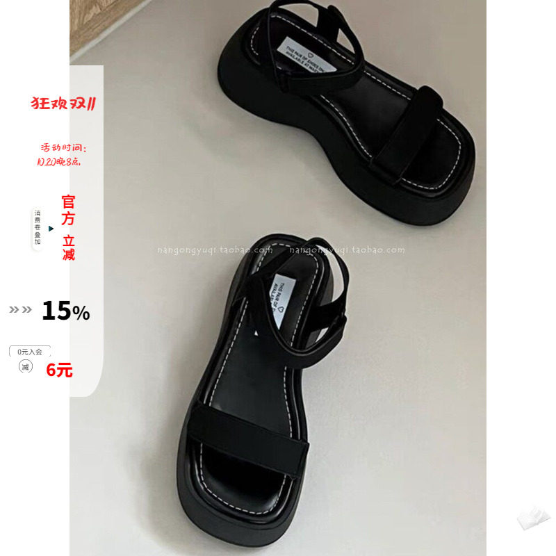 厚底学院风魔术贴一字带凉鞋女