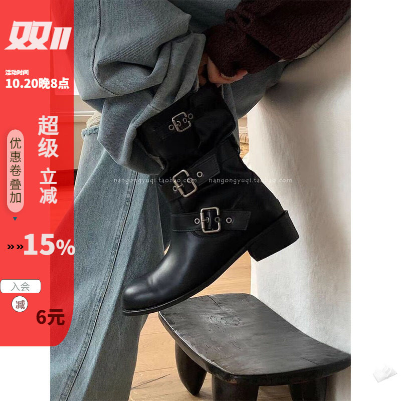 现韩国东大门代购24秋新款chic英伦休闲软面皮松弛感皮带扣中筒靴