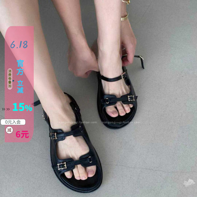 韩国东大门女鞋25夏新款ins休闲链子软底好穿皮带扣露趾厚底凉鞋