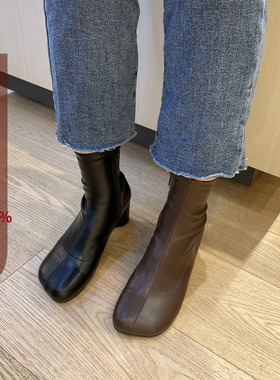 现韩国东大门女鞋22秋新ins不规则圆头侧拉链圆柱跟瘦瘦弹力短靴