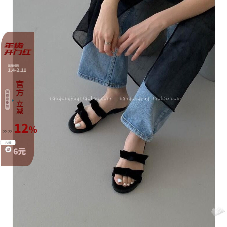 现韩国东大门女鞋24夏新ins甜美丝绒蝴蝶结露趾纯色平底一字凉拖,女鞋,其他拖鞋,淘宝优惠券,粉丝福利购,淘宝优惠卷