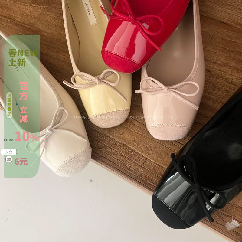 韩代 韩国女鞋琪琪东大门26春漆皮拼接蝴蝶结软底糖果色好穿单鞋