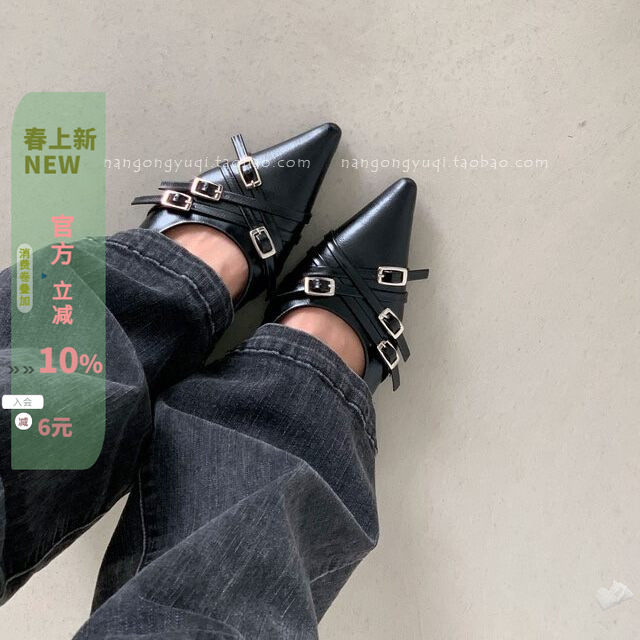 韩国东大门女鞋2026早春法式高级感尖头皮带扣后空绊带平底玛丽珍