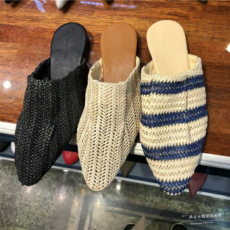 18春夏韩国东大门女鞋韩版休闲舒适藤草编织条纹拼色包头平底拖凉|ruв категории Женская обувь, низкий чистка - от Buy2taobao.com для оказания профессиональной услуги покупки агента Taobao