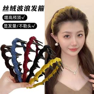 秋冬复古彩色丝绒波浪倒插梳带齿发箍韩版高颅顶头箍2025年新款