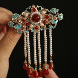 古风烧蓝发饰流苏珍珠红色发夹发梳点翠发插汉服旗袍古典古风发饰