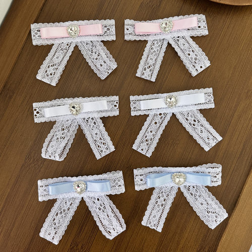 日系软妹水钻爱心蕾丝蝴蝶结发夹甜美可爱侧边夹纯欲风发饰品