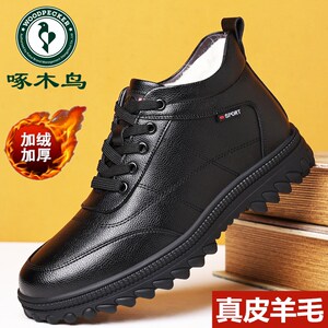 啄木鸟棉鞋男真皮冬季加绒羊毛休闲高帮皮鞋男皮毛一体爸爸雪地靴