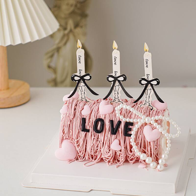 复古蝴蝶结烛台蜡烛蛋糕装饰插牌七夕情人节珍珠蝴蝶结love插件