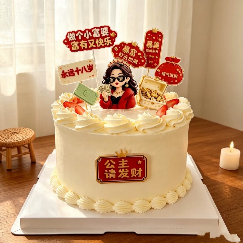 新款富婆蛋糕装饰摆件爆美暴富福气满满女神妈妈生日派对甜品插件