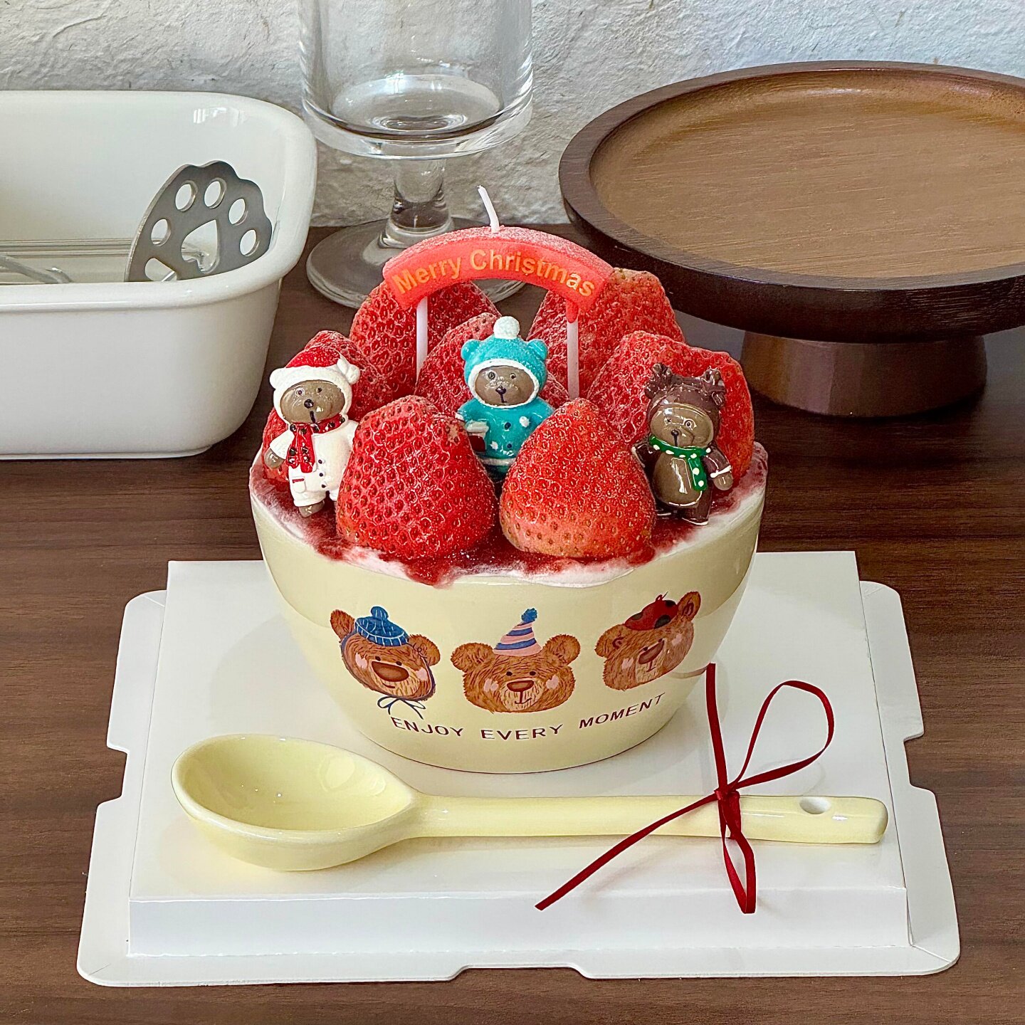 2026网红圣诞节陶瓷碗蛋糕装饰插件新年三只小熊甜品碗蛋糕碗瓷勺