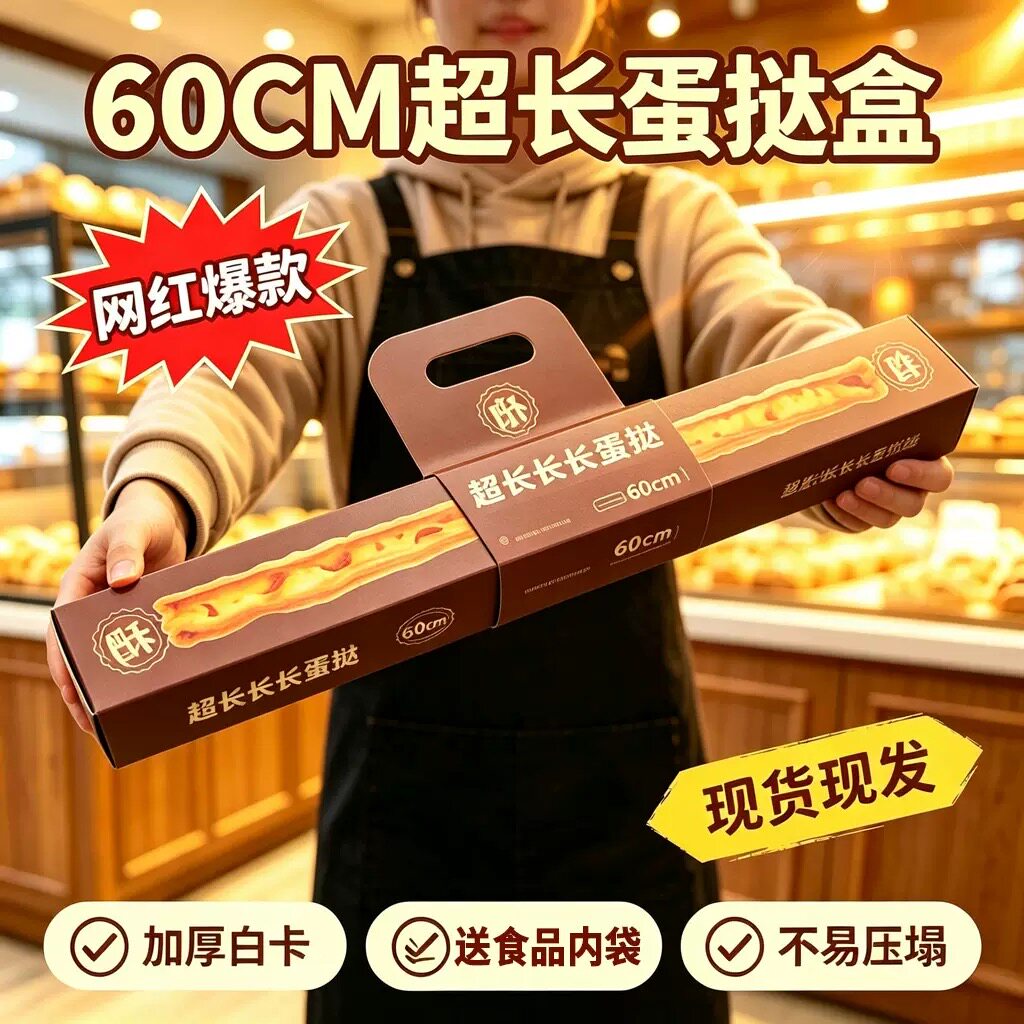网红超长长蛋挞包装盒60CM手提式烘焙包装蛋挞甜品一次性打包盒子