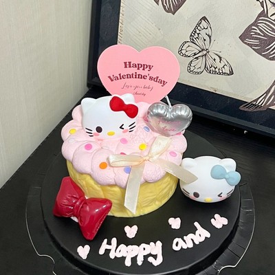 网红2.14情人节helloKitty蛋糕装饰爱心卡片蝴蝶结kt烘焙装扮摆件