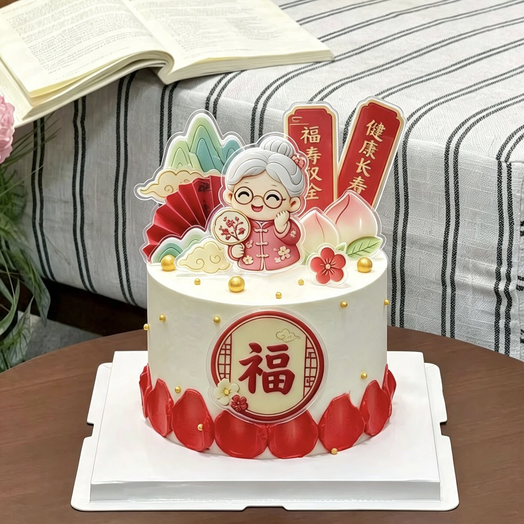 网红中式国风祝寿老人蛋糕装饰扇子插牌爷爷奶奶生日摆件装扮插件