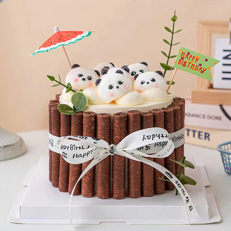 网红熊猫棉花糖蛋糕装饰儿童生日慕斯围边巧克力棒烘焙甜品摆件