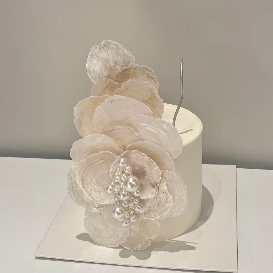 简约风贝壳蛋糕装饰摆件天然镜贝白色糖珠仙女闺蜜甜品台烘焙摆件