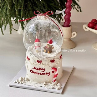 2025圣诞节主题水晶球蛋糕装饰红帽圣诞小熊雪人蜡烛丝带烘焙插件