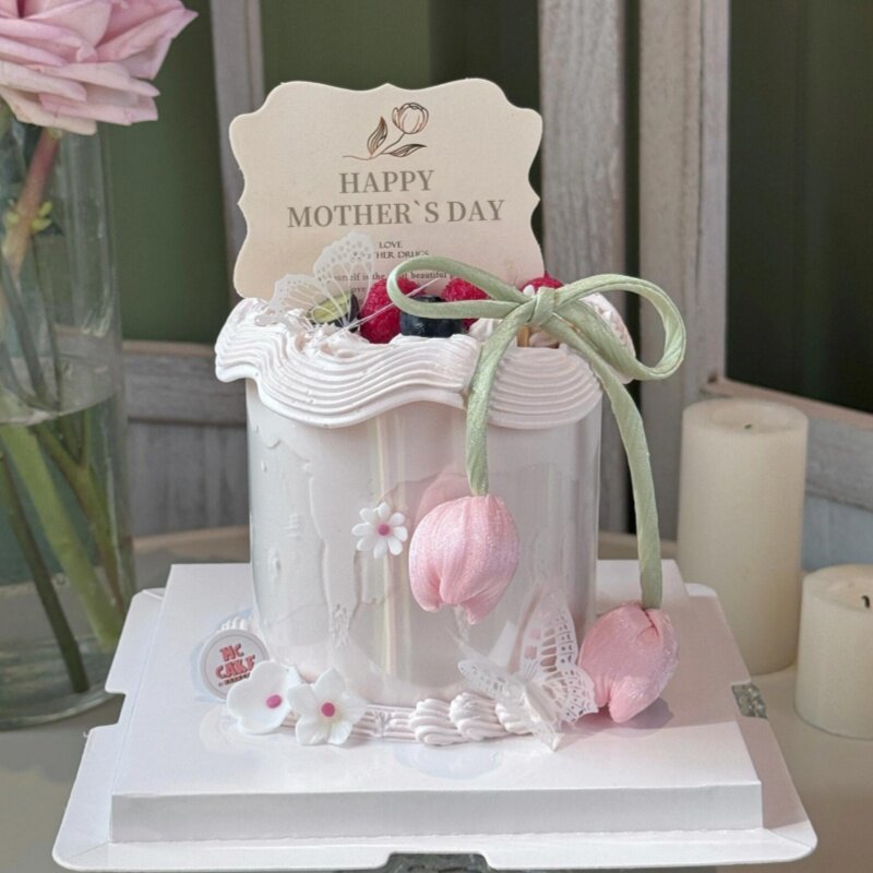 网红母亲节莫奈花园卡片蛋糕装饰插牌仿真玫瑰花蝴蝶结甜品台摆件