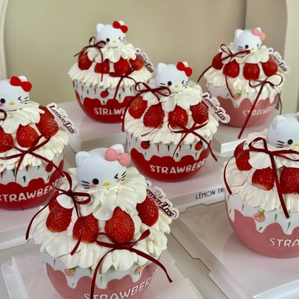 网红圣诞节新年kt猫草莓碗蛋糕装饰软胶hellokitty陶瓷碗甜品插件