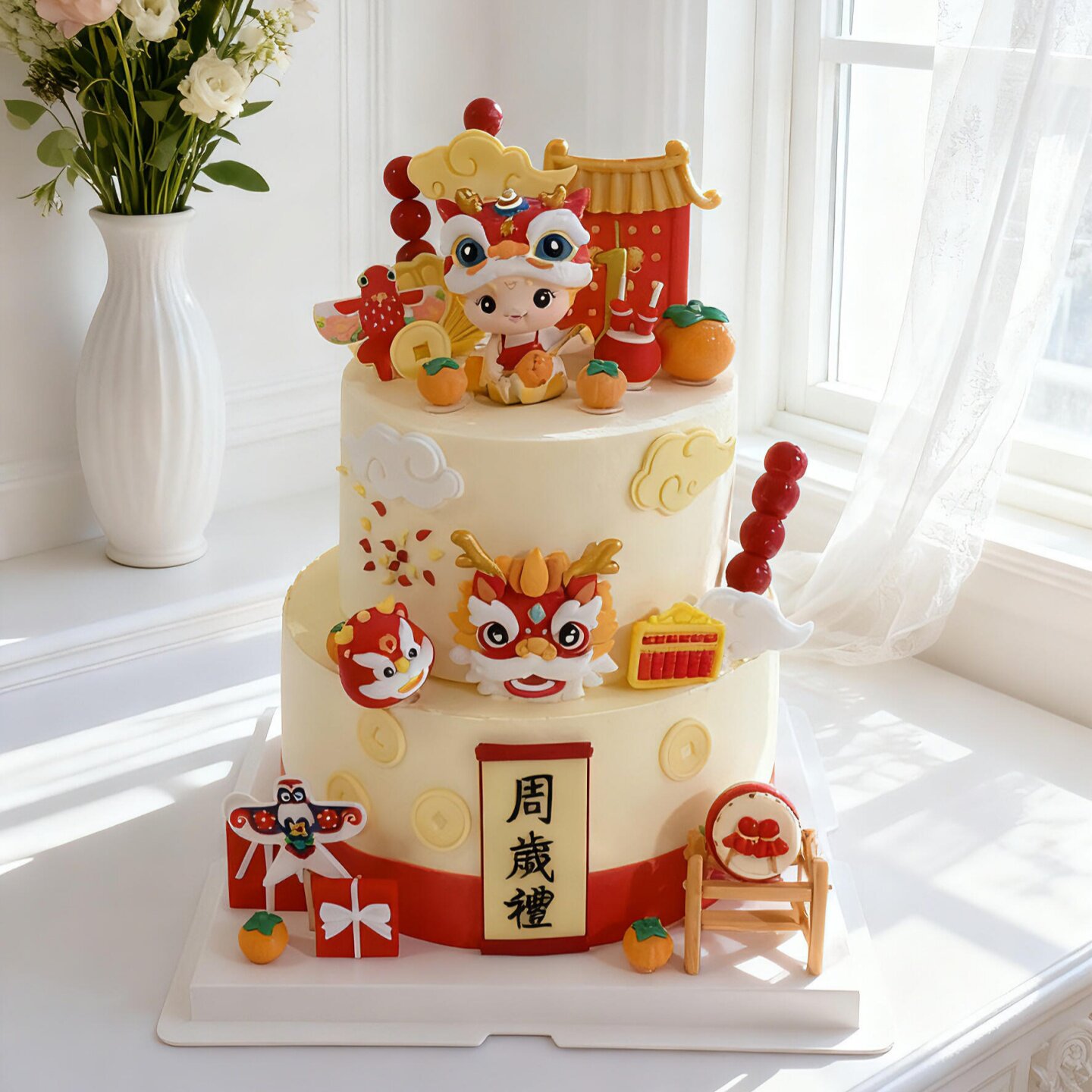 中式国风狮帽男孩蛋糕装饰舞狮宝宝儿童周岁生日派对烘焙甜品摆件