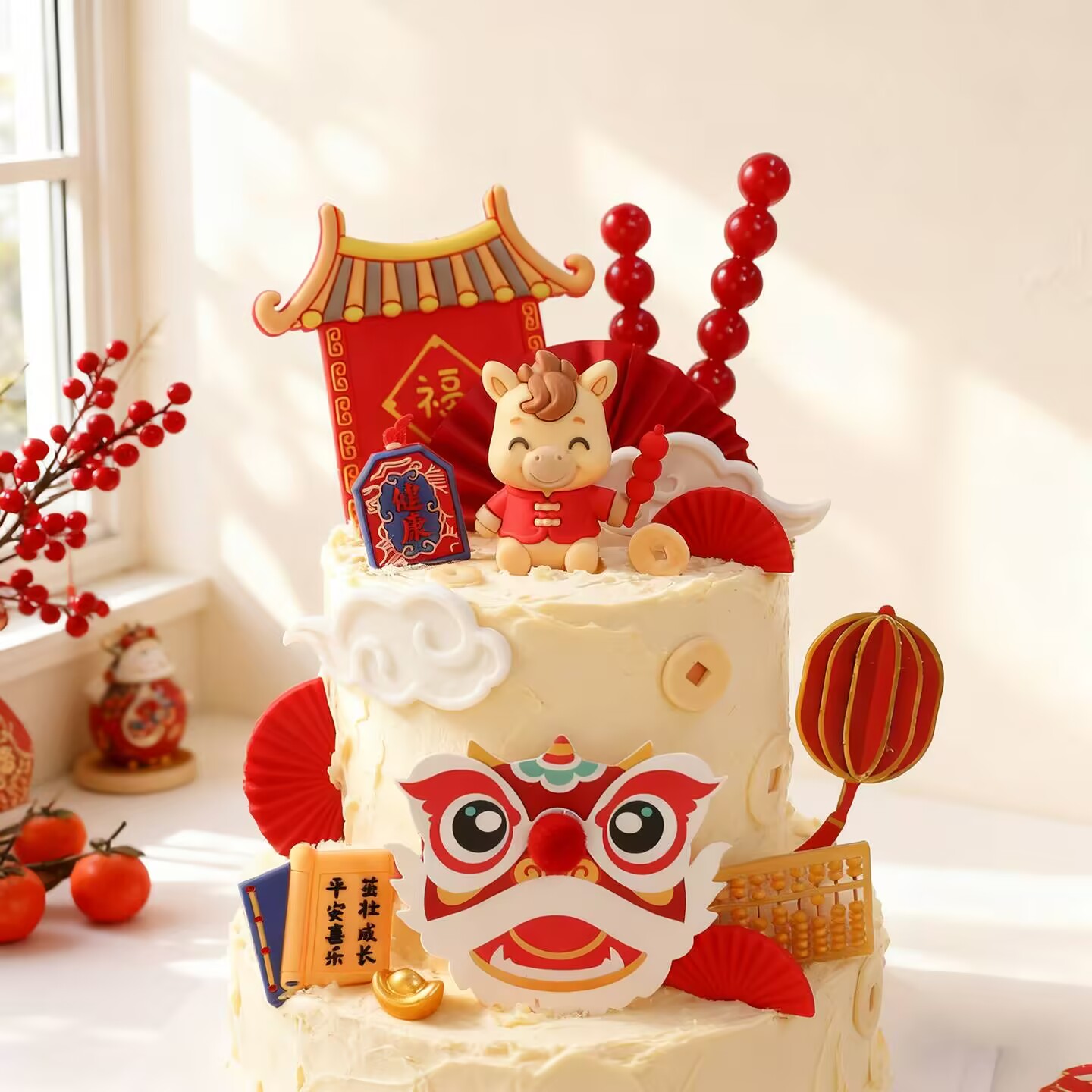 国潮蛋糕装饰中式唐装糖葫芦小马宝玩偶摆件生肖百天周岁生日插牌