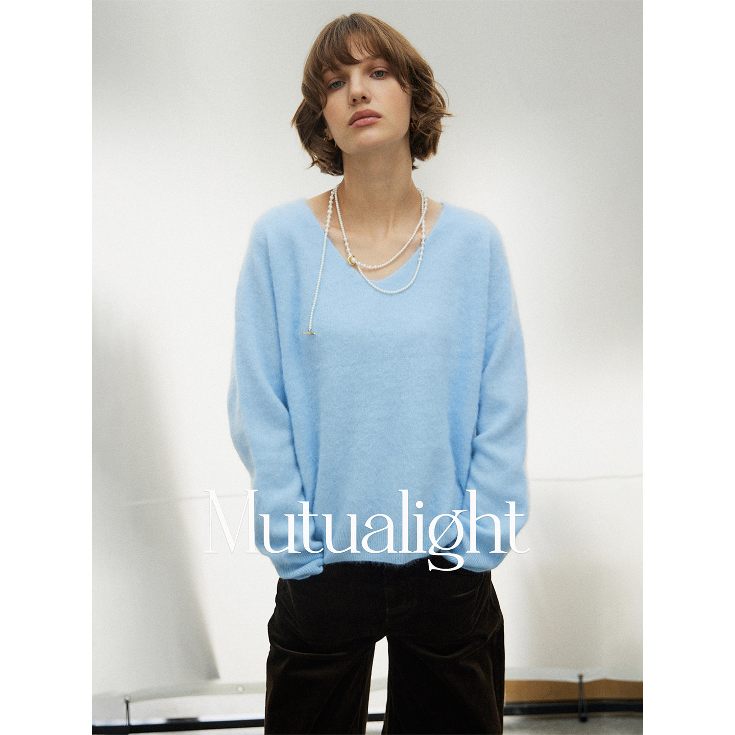 mutualight 羊绒v领针织衫女秋冬新款羊毛混纺拉毛慵懒高级感毛衣