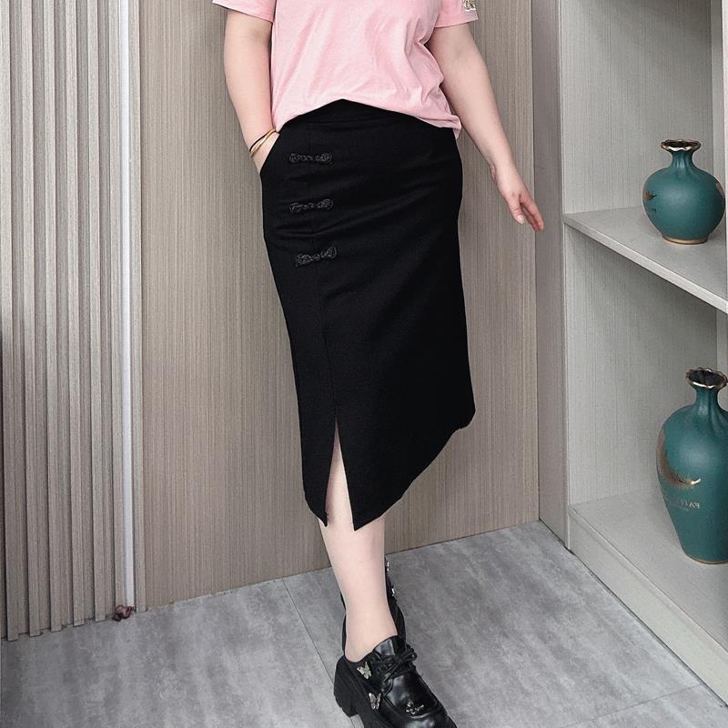 新中式半身裙女大码胖mm春夏季新款盘扣开叉A字国风包臀裙子