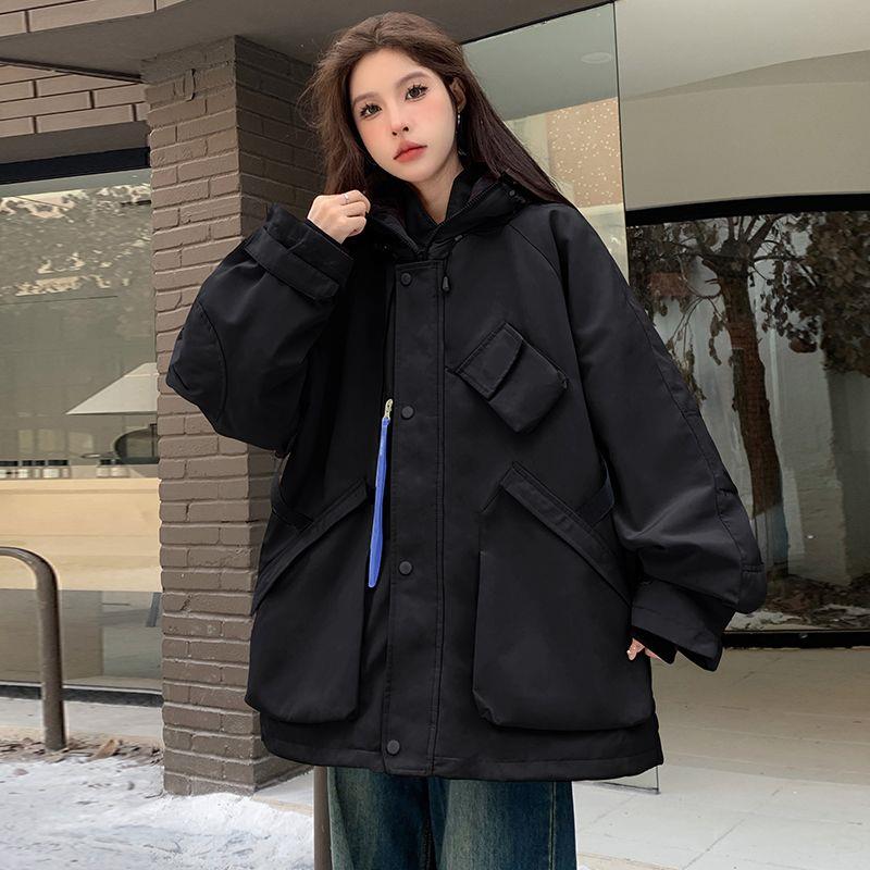 斤大码胖美式复古工装夹棉冲锋棉服女冬季新款加厚休闲外套