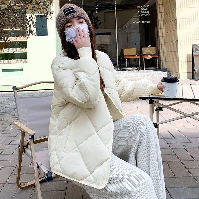 斤大尺码女装胖菱格无领棉服女小个子百搭保暖加厚外套上衣