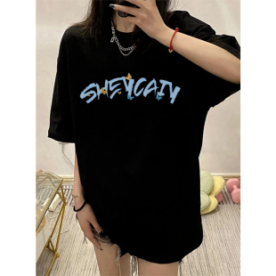 上衣服 宽松风显潮流印花t恤男女情侣同款 纯棉夏季 学生百搭短袖